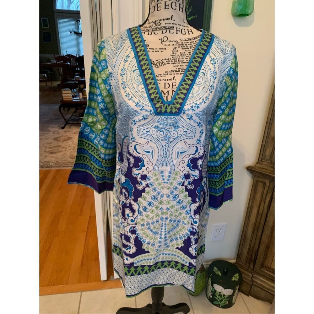 Creme Fraiche Silk Classic Paisley Green Print Tunic Dress